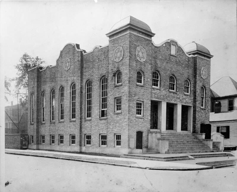 Black and white image of the Ahavas Chesed building at Conti and Warren Streets in downtown Mobile.
